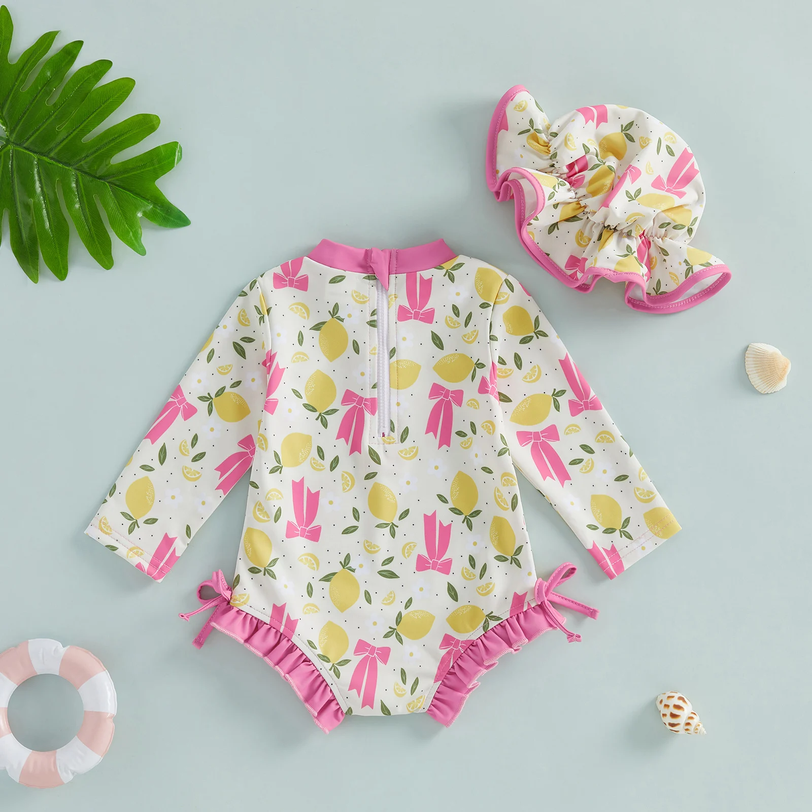 Zomer Baby Baby Meisje Badpak Set Citroen Strik Bloem Rash Guard Lange Mouw Rits Terug Badpak Cap Kleding Set