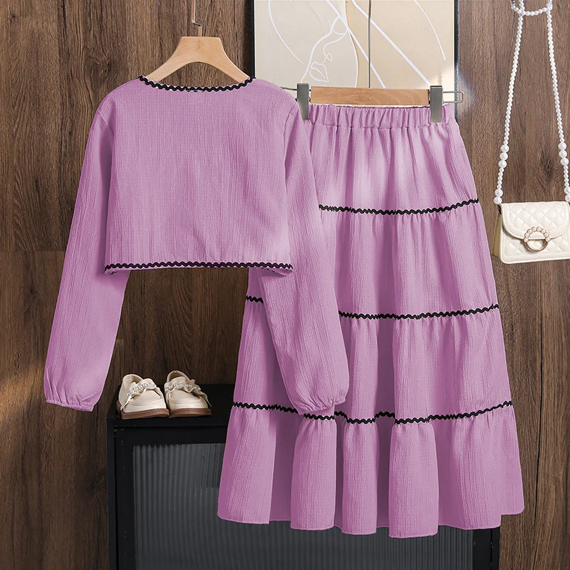 Girls 8-12 Casual 2-Piece Set, Purple Wave Lace Bow Cardigan & Tiered Cake Long Skirt, Sweet Elegant Soft for Daily Autumn Wear