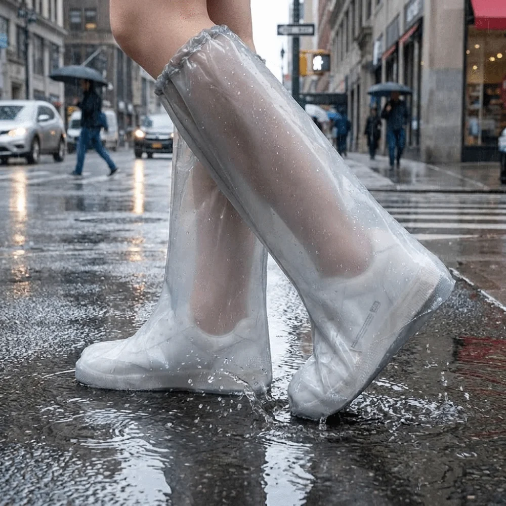 5 Pairs PE Waterproof Shoe Covers High Tube Non-Slip Sole Portable Rain Boot Covers Wear-Resistant Thickened