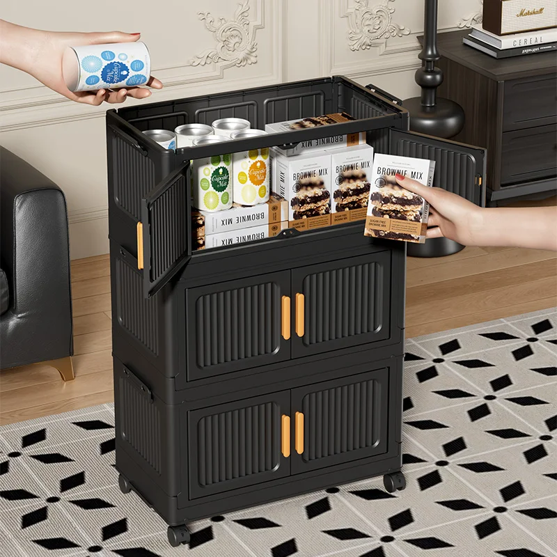Foldable Storage Cabinet, Multifunctional Home Storage Cabinet, Plastic Storage Box with Doors and Wheels, Stackable Large-Capacity Home Organizer, for Bedroom, Living Room, Kitchen, with Easy-To-Assemble and Space-Saving Design.