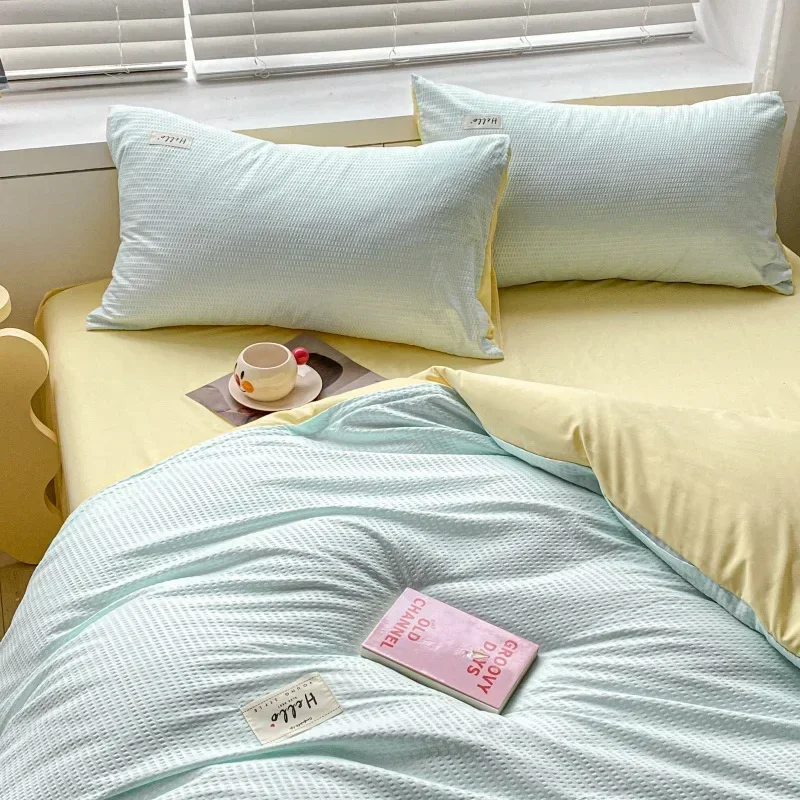 Solid Color Waffle Soft Comforter Set Skin Friendly Printed Fitted Sheet with Four Corner Straps Single Double Bed Linens Sets