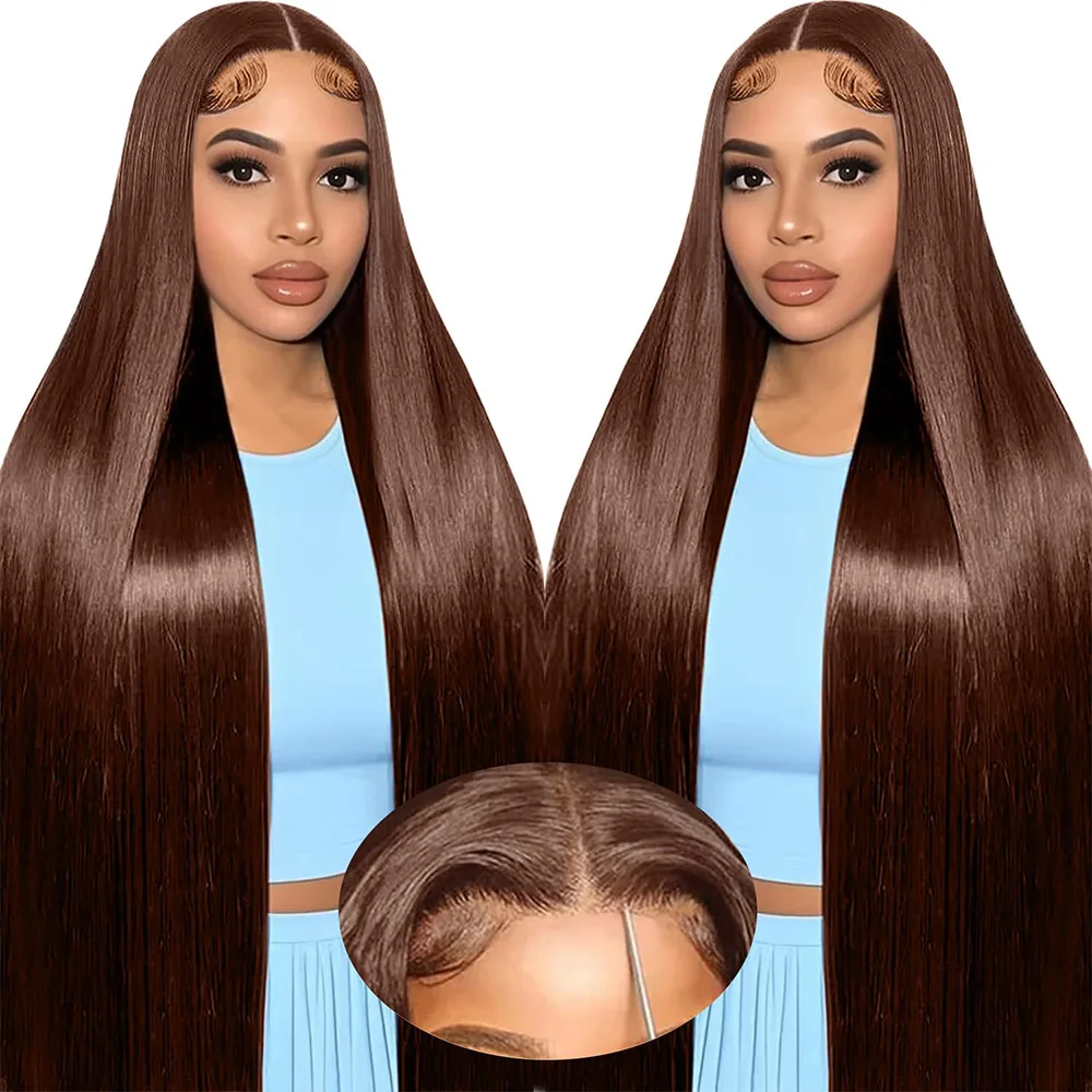 

40 Inch Chocolate Brown Bone Straight Human Hair Wig 13X6 HD Lace Frontal Wig Pre-plucked Colored Brazilian Hair 220 Density Wig