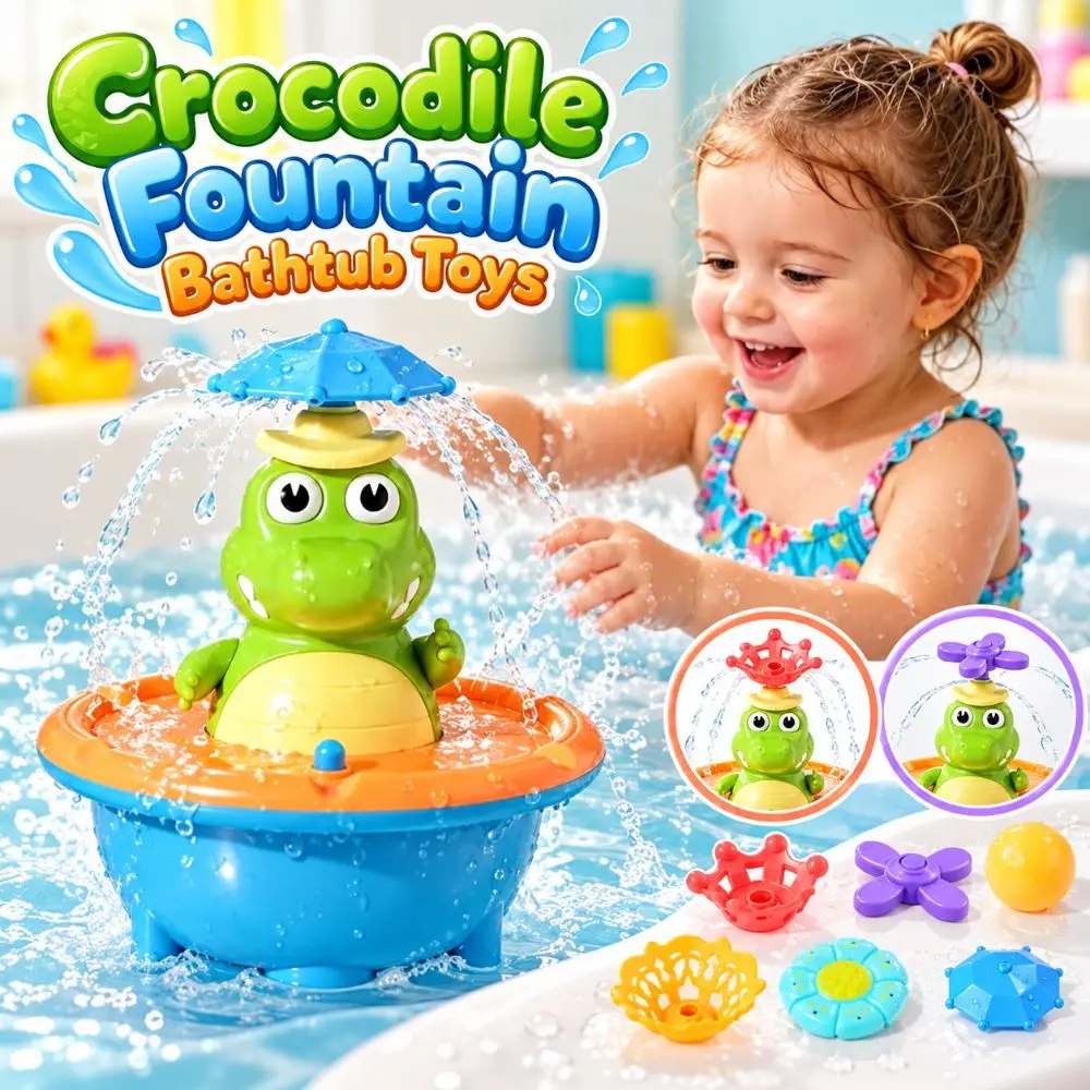 Cartoon Crocodile Fountain Bathtub Toys USB Rechargeable LED Light Light up Bath Toys Rotating Fountain Head Waterproof