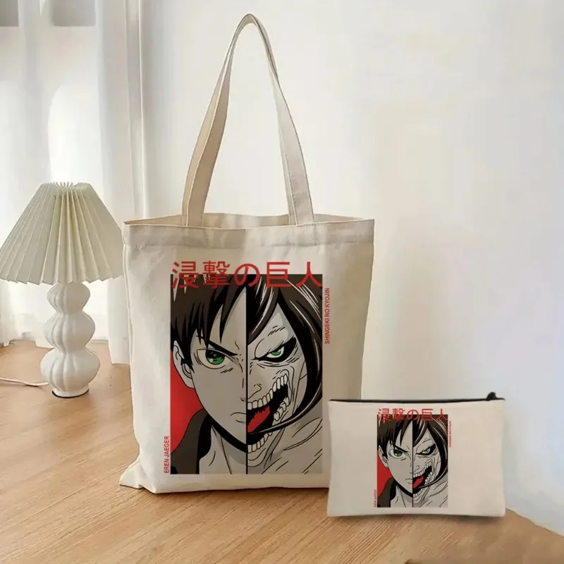 

2pcs Attack on Titan Fashion Ladies Handbag Cosmetic Bag Canvas Shoulder Bag Eco-friendly Large Capacity Travel Shopping Bag