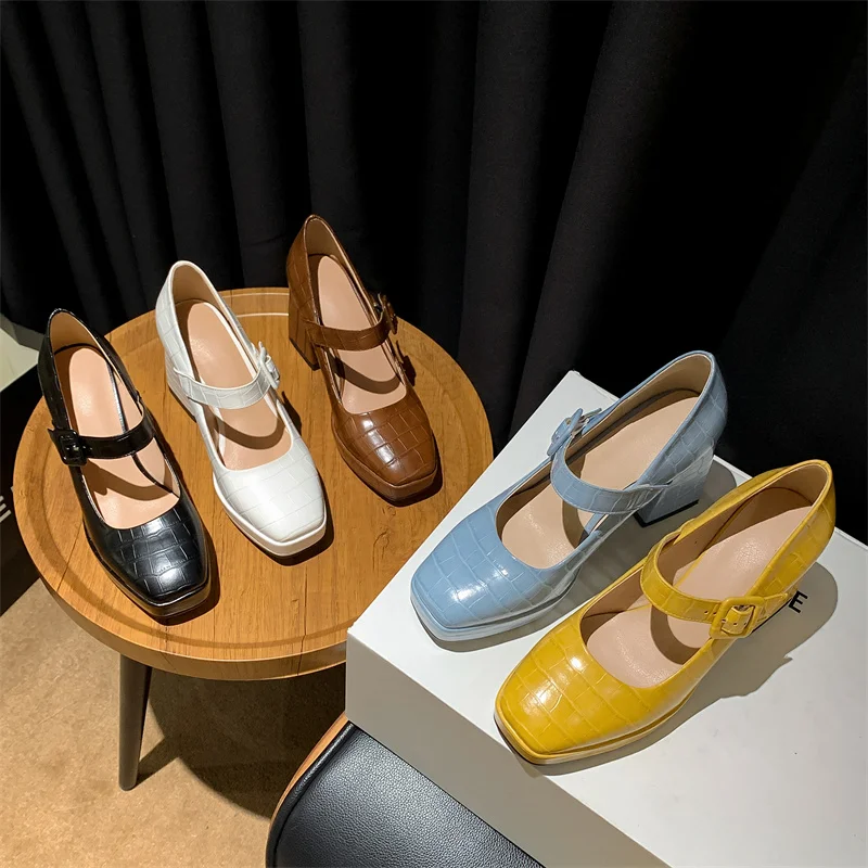 2022 Spring New Blue Yellow Brown Lady Pumps Plus Size 33-43 Office Dress Platform Mary Janes Shoes Chunky High Heels For Women