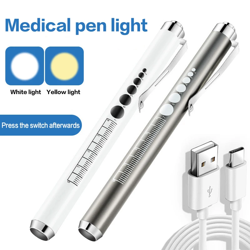 

USB перезаряжаемый портативный медицинский фонарик-ручка аварийный фонарик 2 в 1, карманные светодиодные фонари-ручки с датчиком зрачка, желтый, белый свет