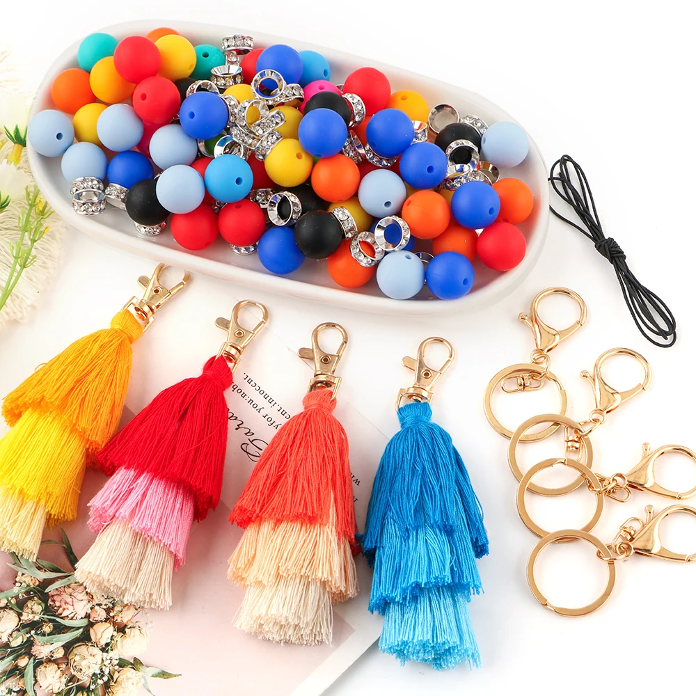 

35Pcs/set Mix Styles Silicone Bead Keychain Tassels Rhinestone Spacer Bead Set Accessories DIY Women Bracelet Wristlet Keychain