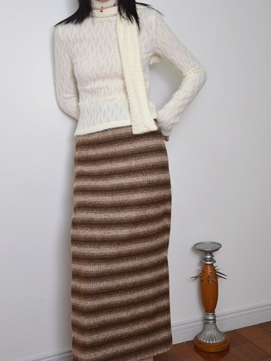 

Manekniv Осенне-зимняя коричневая полосатая толстовка, длинная юбка прямого кроя, удобная юбка из смесового полиэстера