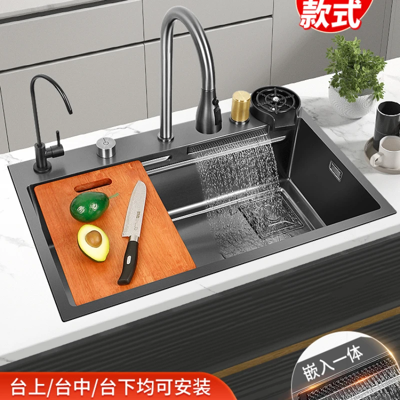 

Hidden Sink Drop-in Sink Nano 304 Stainless Steel Kitchen Vegetable Basin Large Single Groove Water Tank