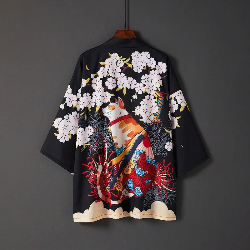 Japanese Retro Loose-Fitting Three-Quarter Sleeve Cat Warrior Cherry Blossom Kimono Cardigan Haori Jacket Summer Beach Vacation Cover-Up Yukata Sun Protection Clothing