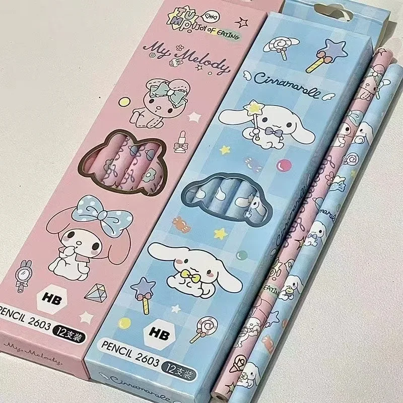 12pcs/Set Kawaii Kuromi Pencil Cartoon Hello Kitty My Melody Cinnamoroll Student Hb Writing Pencil Set School Office Stationery