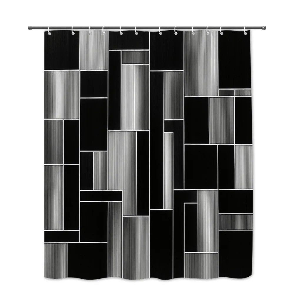 Modern Black and White Geometric Shower Curtain Abstract Block Design Minimalist Architecture Style Waterproof Elevate  Space