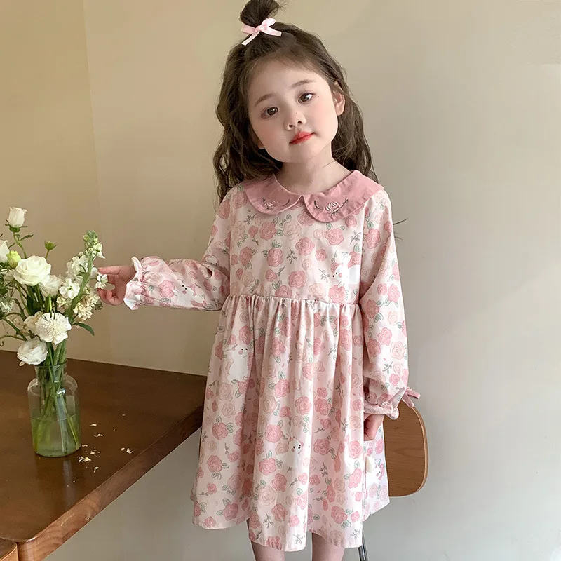 

Girls Spring Dress Long Sleeve2025New Children's Doll Collar Floral Skirt Spring and Autumn Baby Princess Dress