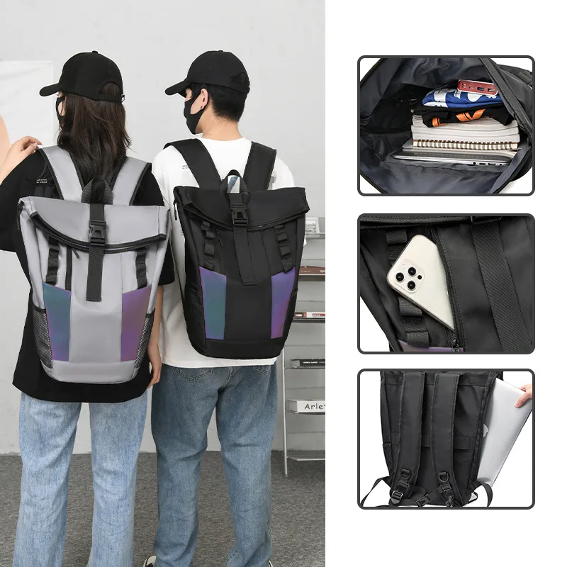 Europe and United States new fashion roll cover backpack shoulder bag leisure Joker large capacity travel reflective backpack.