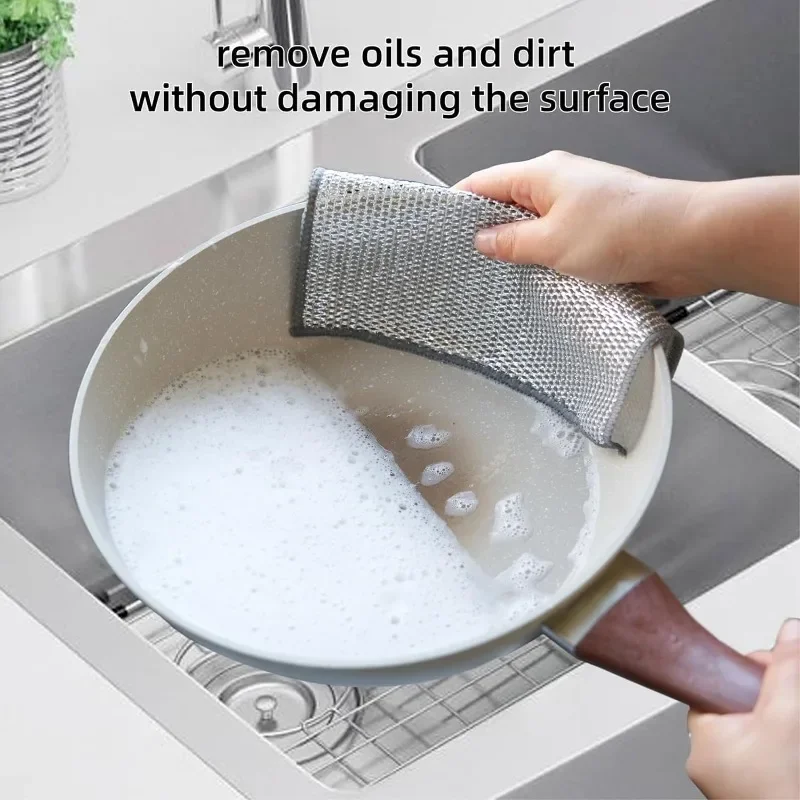 Steel Wire Cleaning Cloths Double Layers Magic Metal Silver Wires Rags Dishcloth Home Kitchen Washing Cloth Towels Clean Tools