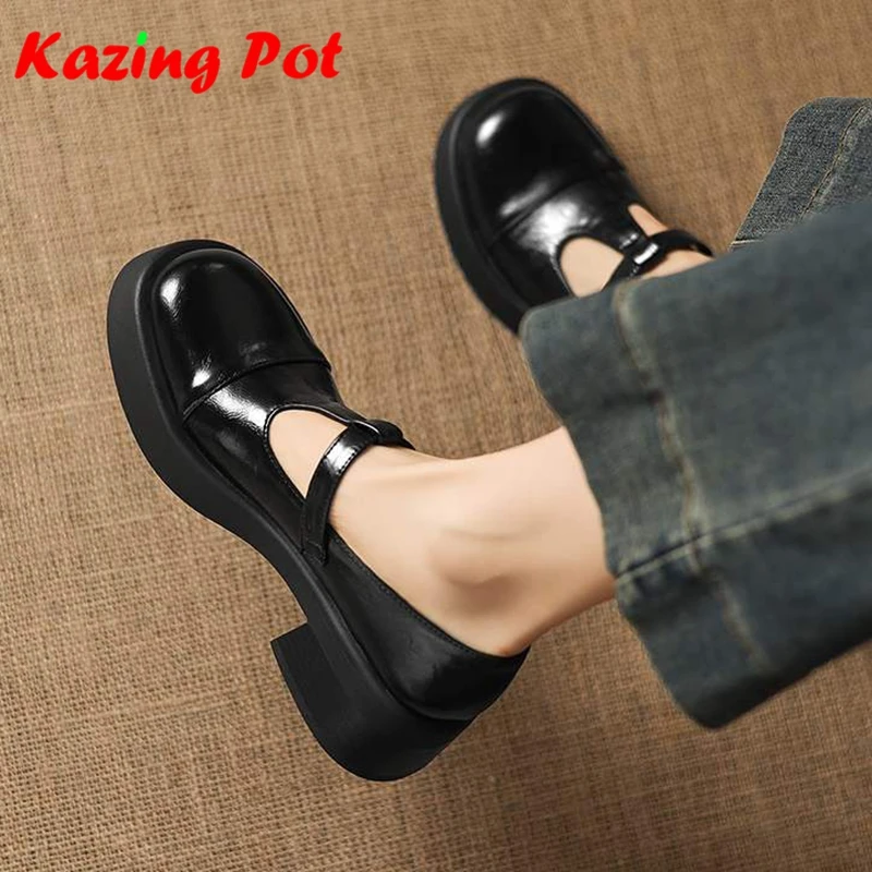 Krazing Pot Microfiber Round Toe Thick Heels Spring Autumn Plus Size 43 Vintage Design Metal Buckle Preppy Style Oxford Shoes