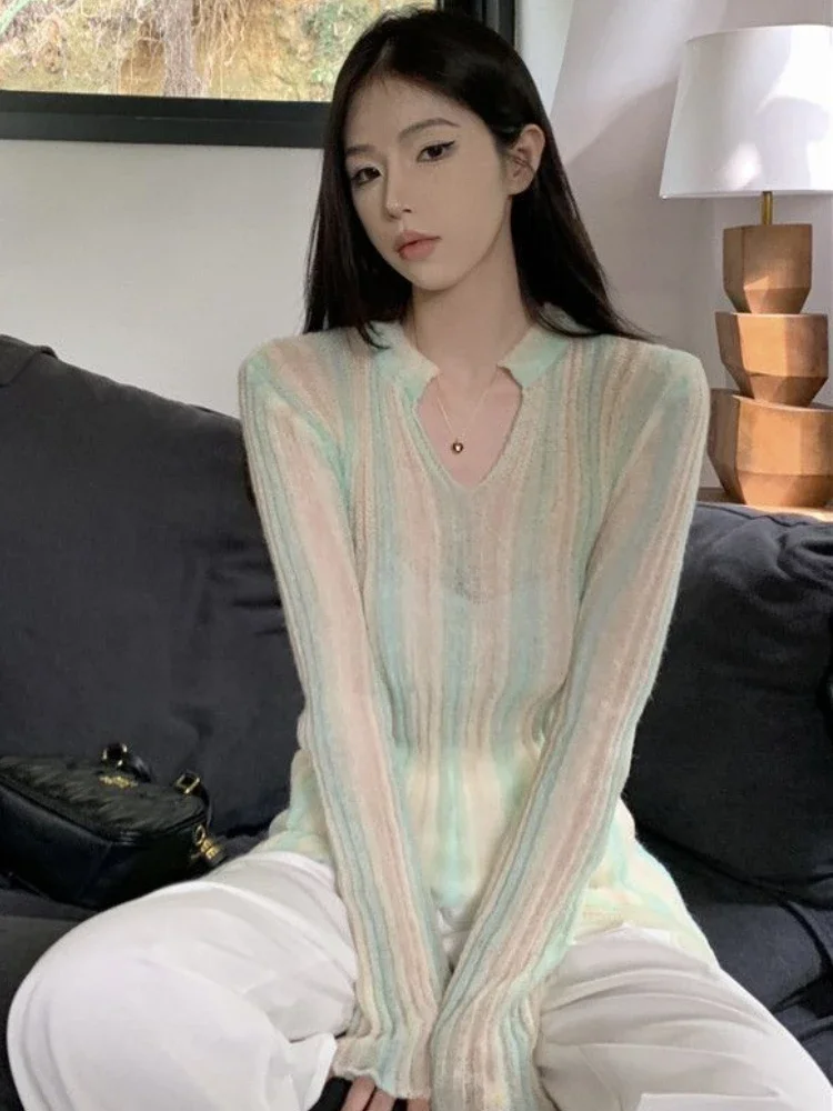 

Striped Pullovers Women Casual Soft Slit Sun-proof Lazy Korean Style Temper Spring V-neck Slim All-match Chic Simple Long Sleeve