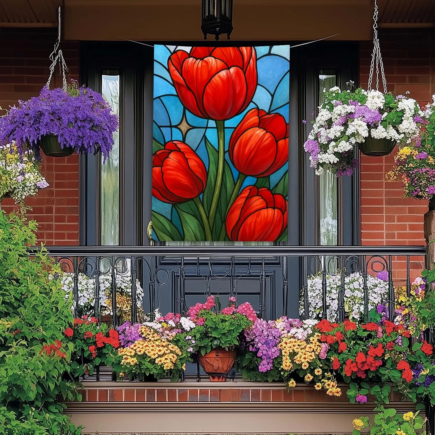 Spring Summer House Flag 28 x 40 Inch Double Sided Garden Flag Red Tulip Stained Glass Style Floral for Yard Banner Porch Ou llz