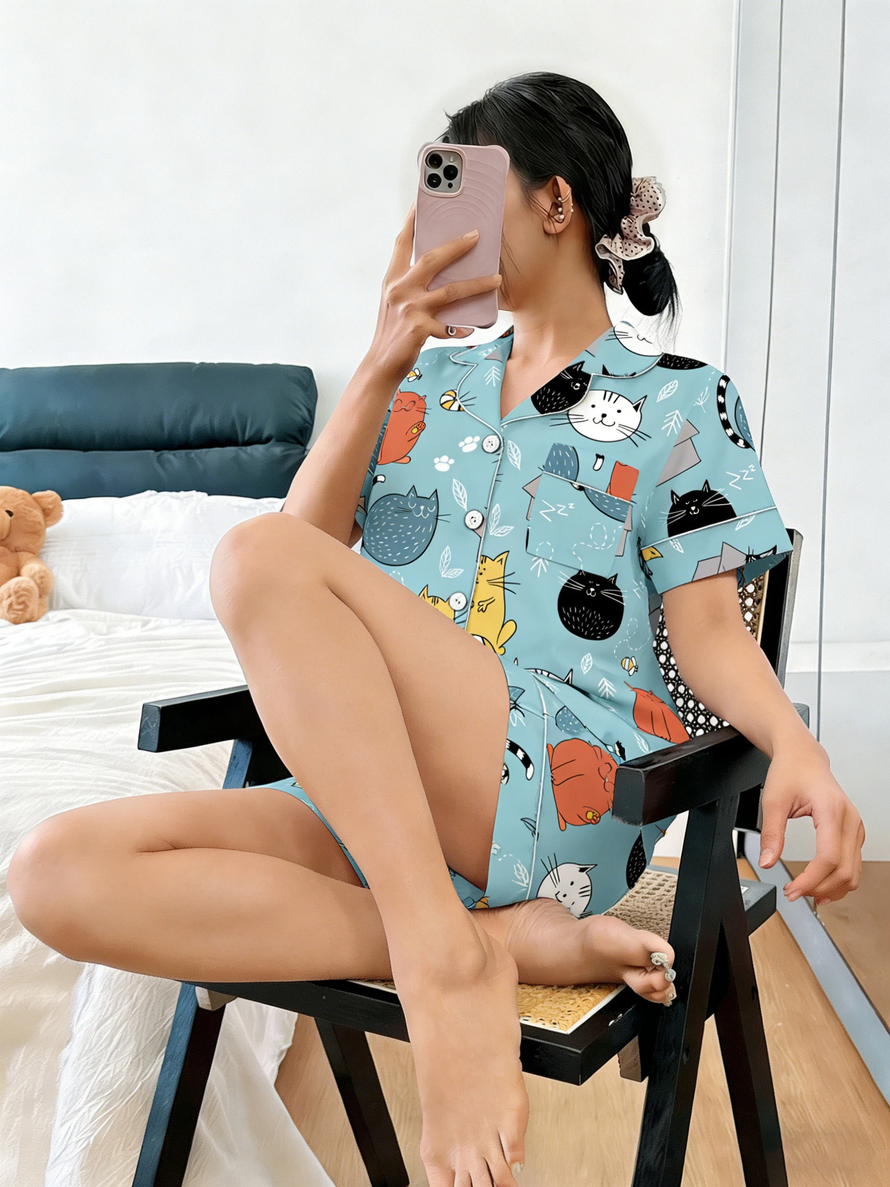 Women Pajamas Cardigan Lapel Short Sleeve Shorts 2 Piece Set Spring Summer Cute Cartoon Box Cat Print Homewear Loungewear