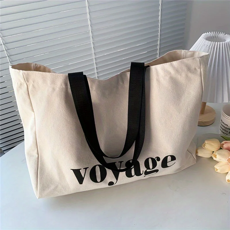Letter Voyage Canvas Bag Large Capacity Handbag Shoulder Bag For Women Travel Shopping Tote Bag, Students School Bags