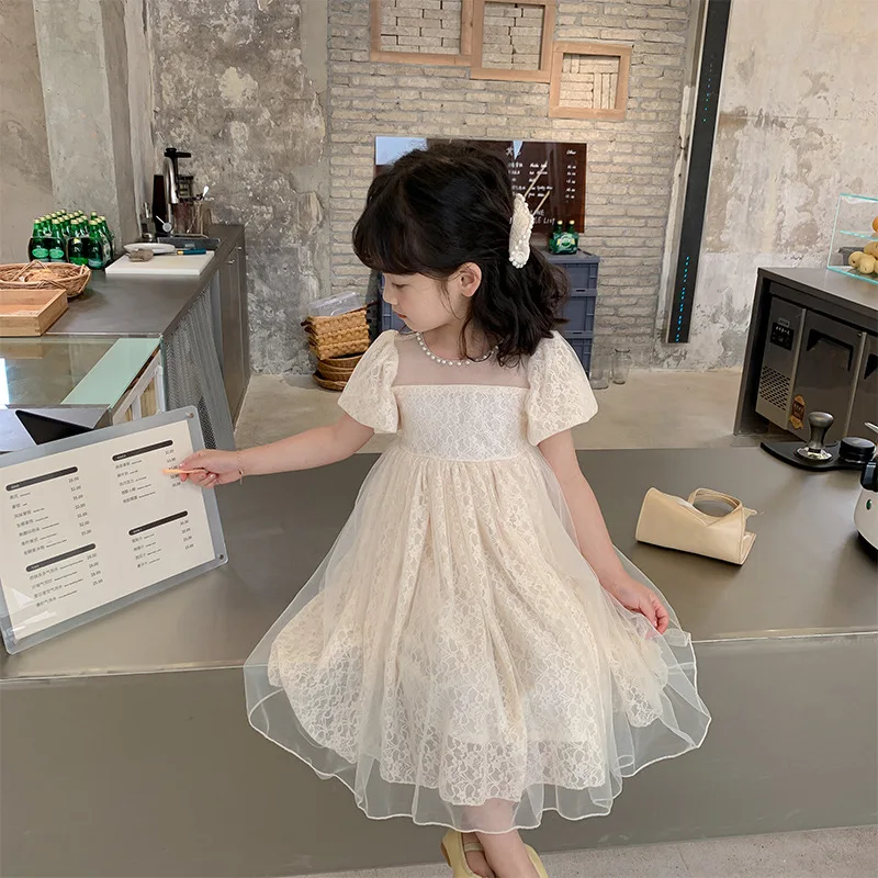 Kids Children Brands New In Girls Elegant Dresses Party Girl Festive Dress For Summer From 4 5 8 To 10 Years Beige Lace Clothes