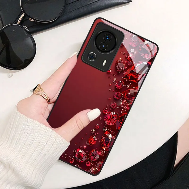 Red gemstone patterned tempered glass phone case suitable for Redmi Note 15 14 13 12 11 PRO 5G 4G series anti drop back cover