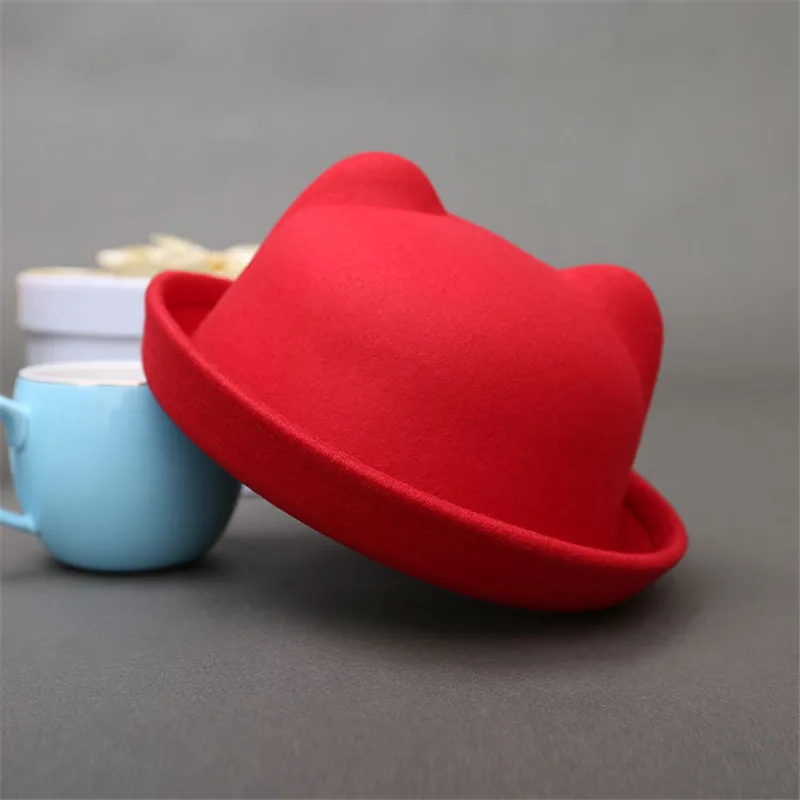 2019 Cute Parent-child bowler hat wool Fedora hats for Women Girls Children Cat Ear formal cap