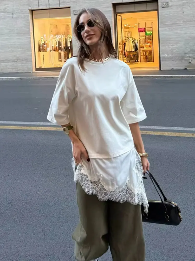 HH Women Vintage Solid Lace Patchwork T-Shirts Asymmetrical Hem O Neck Short Sleeve Shirt 2026 Trend High Street Lady Chic TEES