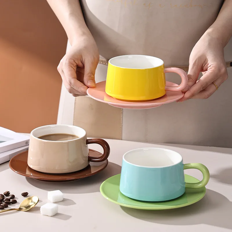 Coffee Shop Frosted Mug Macaron Color Ceramic Coffee Cup Plate Creative Pure Color Texture Water Cup Set