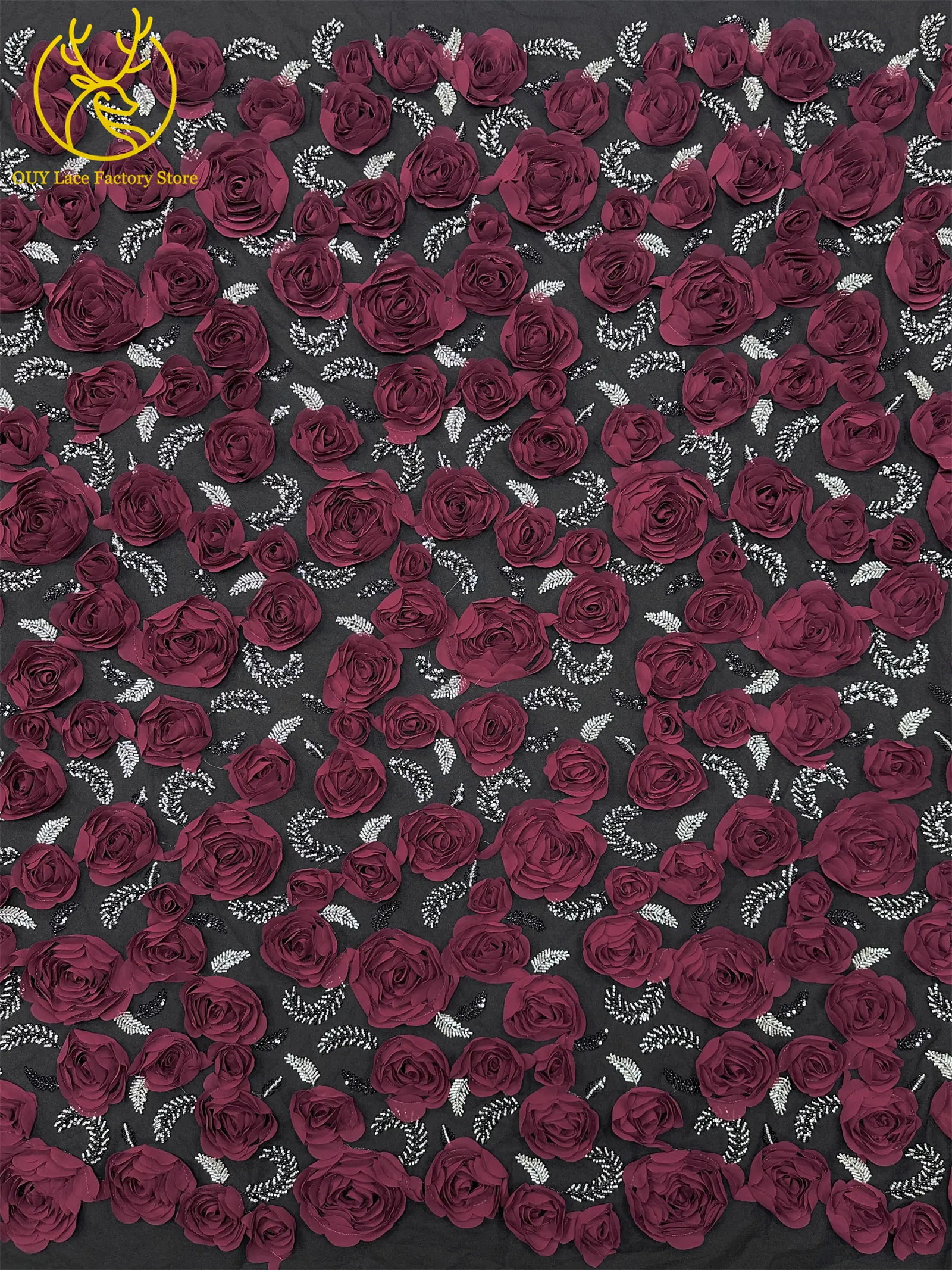 3D-Rosen-High-End Nigerianischer Tüll-Spitzenstoff 2026 – Hochwertiger afrikanischer Pailletten- und Perlen-Spitzenstoff für Brautkleider und Hochzeitskleider zum Nähen – Detail 9