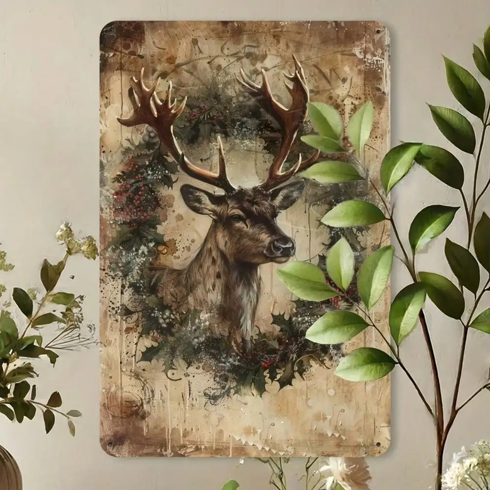 Vackeery ريفي عيد الميلاد الرنة علامة معدنية جدار الفن لديكور المنزل ، خمر الحديد عطلة ديكور مع إكليل ، حديقة في الهواء الطلق Ca