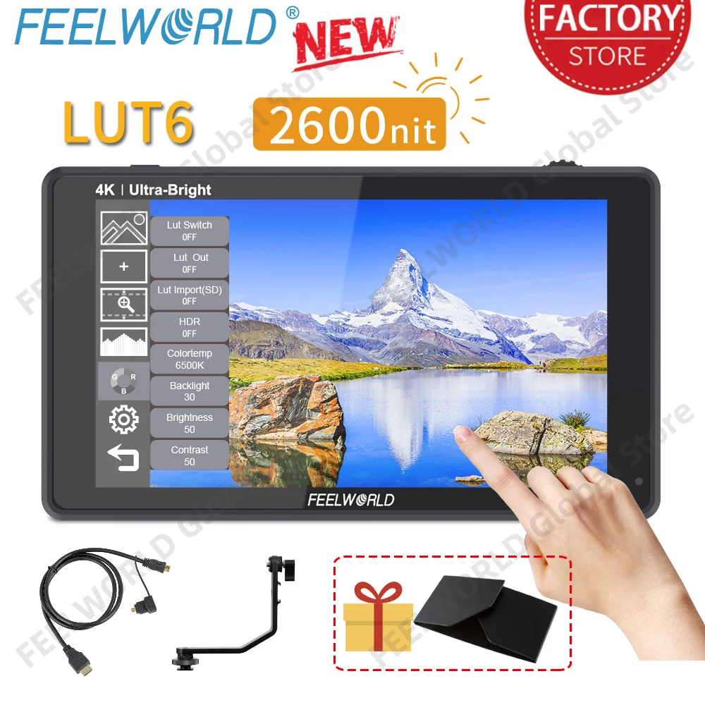 Feelworld LUT6 6 بوصة 2600nit HDR ثلاثية الأبعاد LUT شاشة تعمل باللمس كاميرا DSLR مراقبة ميدانية الموجي VectorScope 4K HDMI 1920X1080 IPS لوحة