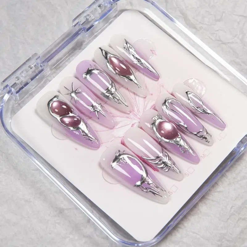 Handmade Medium Almond Press On Nails Gradient Lavender Purple Cat Eye Silver Metal Line Star Charms Fake Nails Alien Y2K Aesthe