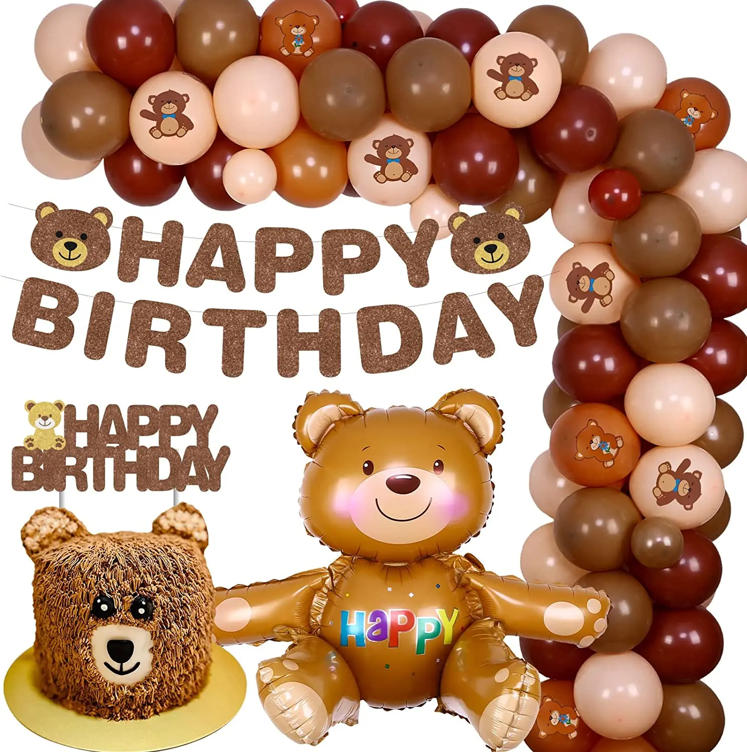 

Sursurprise Bear Themed Birthday Party Decorations, Brown Balloon, Garland Kit for Boys and Girls, Cartoon Bear, Happy Birthday