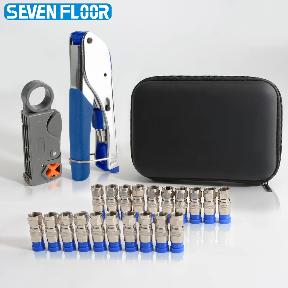 Coax Cable Crimper ToolKit Adjustable Compression Pliers for RG6 RG59 Includes Coaxial Cable Stripper and 20 Pcs F Connectors