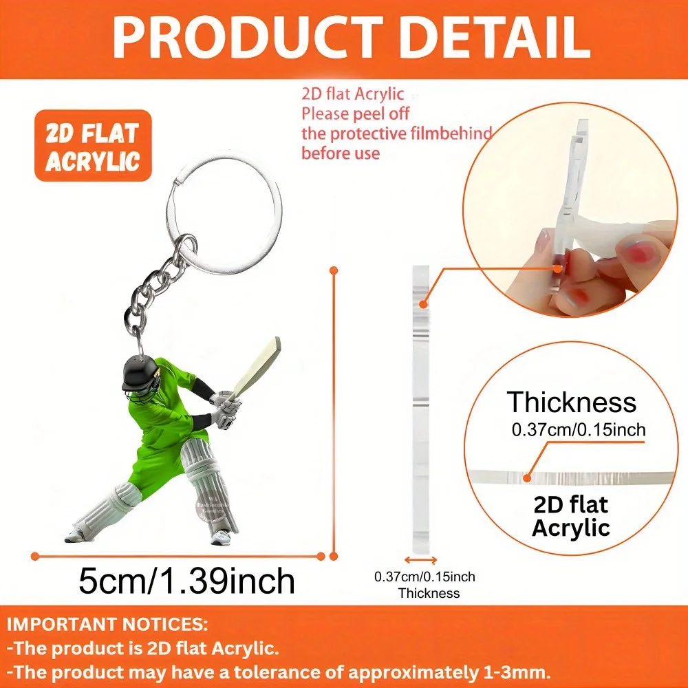 2D Cricket Player Keychain Colorful Acrylic Party Gifts Sporty Hanging Ornaments Festive Pendant Christmas Holiday Giveaway