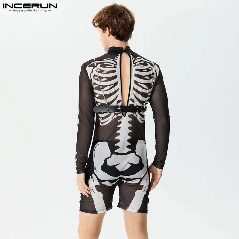 INCERUN 2023 Sexy Style Homewear Rompers New Men Skeleton Print Pattern Jumpsuit Mesh Half High Neck Long Sleeve Bodysuits S-3XL