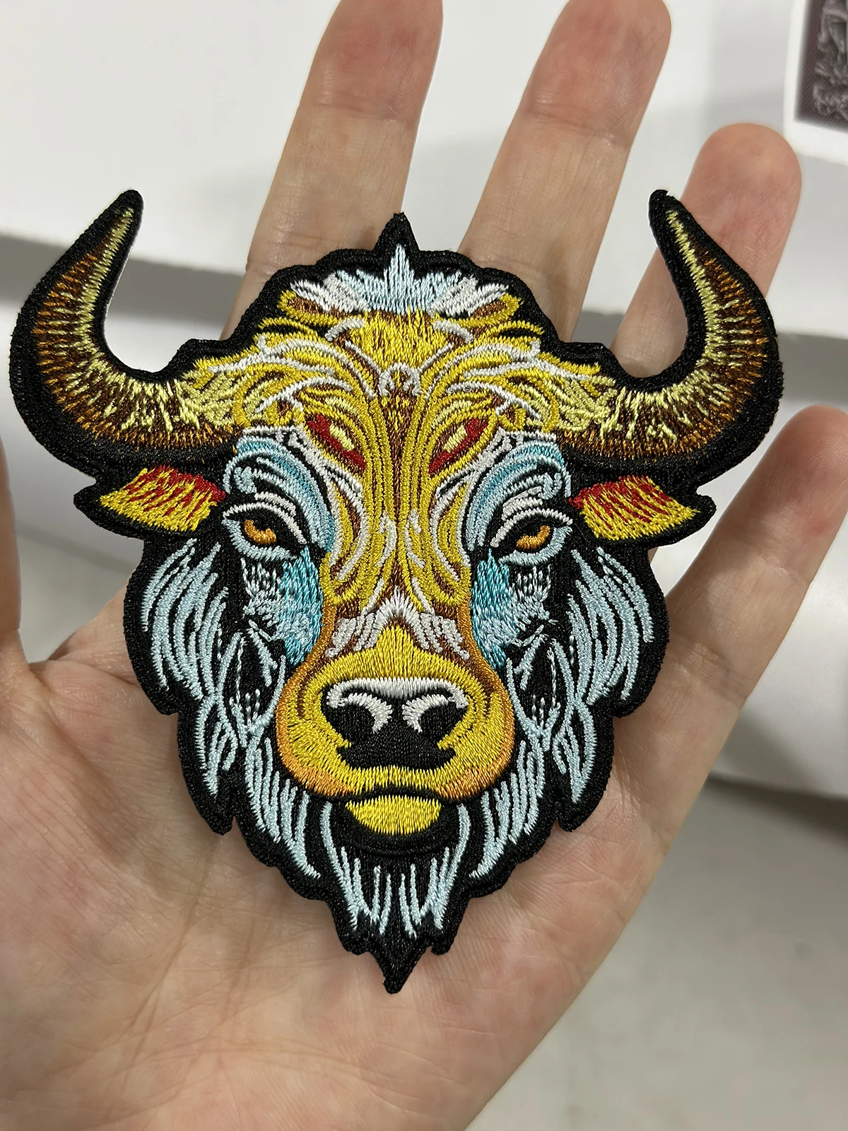 Gold Yak Cow Head Embroidery Patches for Clothing Cool Biker MC Rider Colorful Animal Badges for Vest Backpacks Caps Decoration