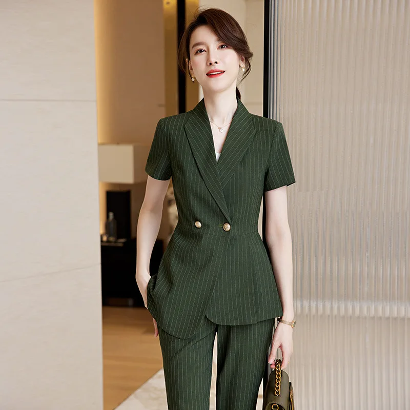 بدلة مخططة للنساء بأكمام قصيرة ملابس عمل صيفية مزاجية بدلات مكتبية مكتب أمامي فستان متجر مجوهرات بدلة رسمية