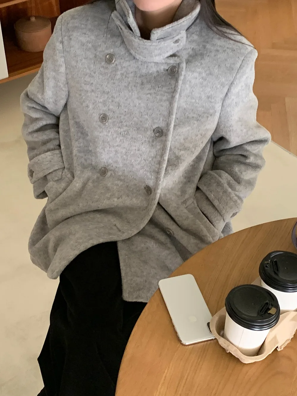 Korean Style Thickened Cotton Warmth Woolen Coat Retro Collar Double Button Loose Fit All Season Women's Outerwear