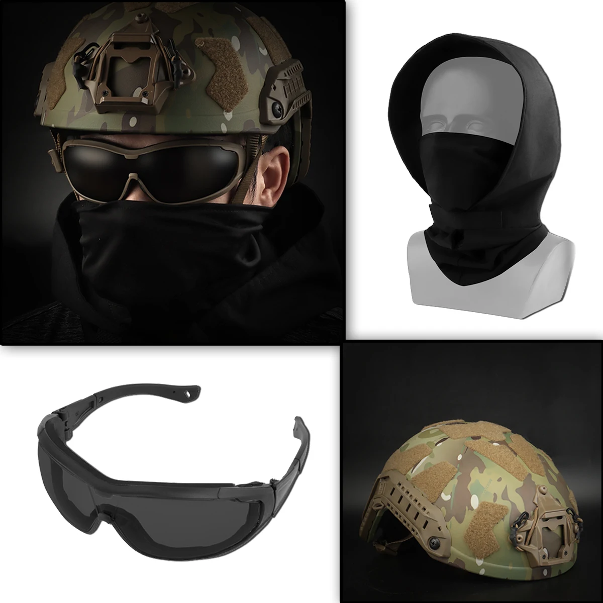 FAST Tactical Helmet Set With Windproof Goggles & Face Covering Scarf Hood For Outdoor Riding Airsoft And Paintball Shooting