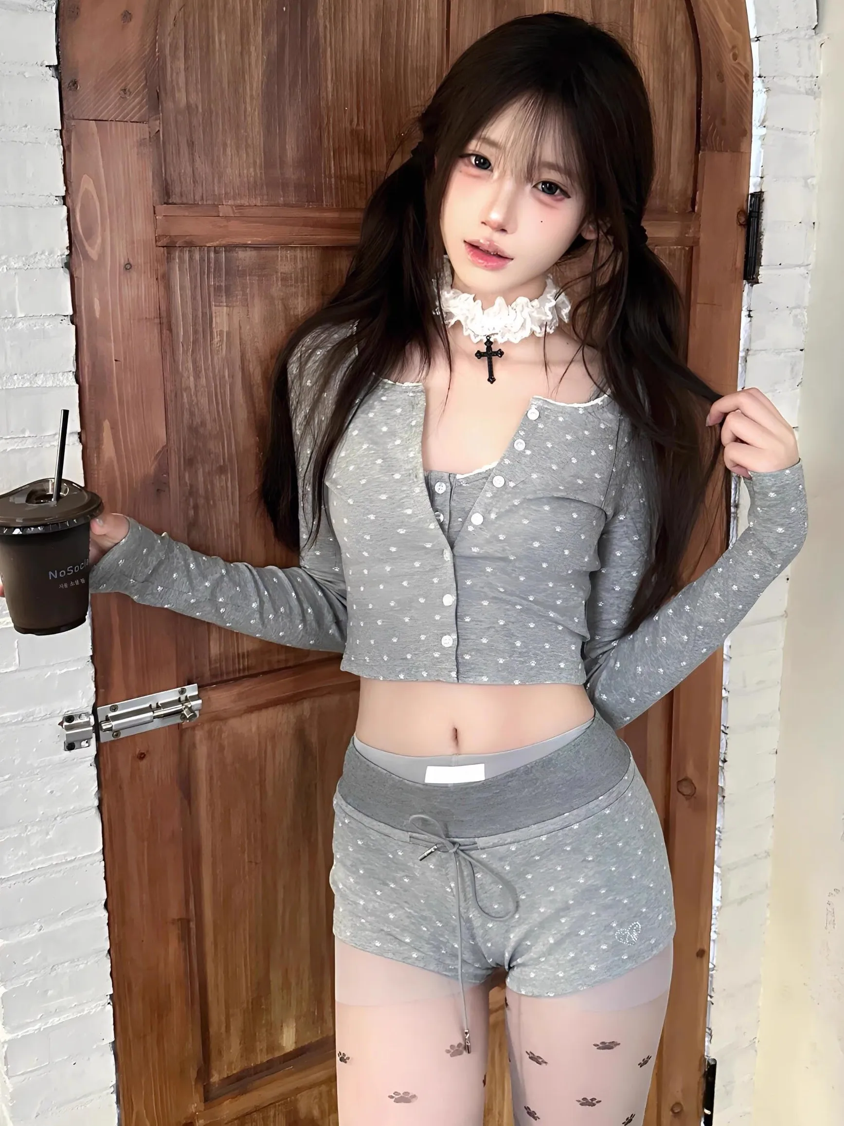 Girl Pure Desire Slim fit Long sleeve Pajamas Women Summer New Gyaru Cardigan Sling Shorts Homewear Three-Piece Suit