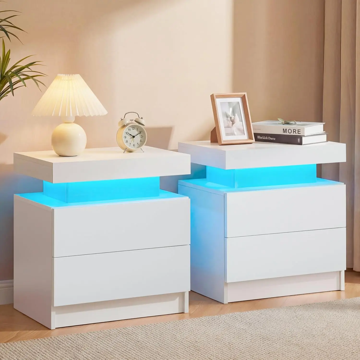 White LED Nightstand Set of 2 with Wood Drawer App-Controlled RGB Light Bedroom Bedside Table Storage, Customized