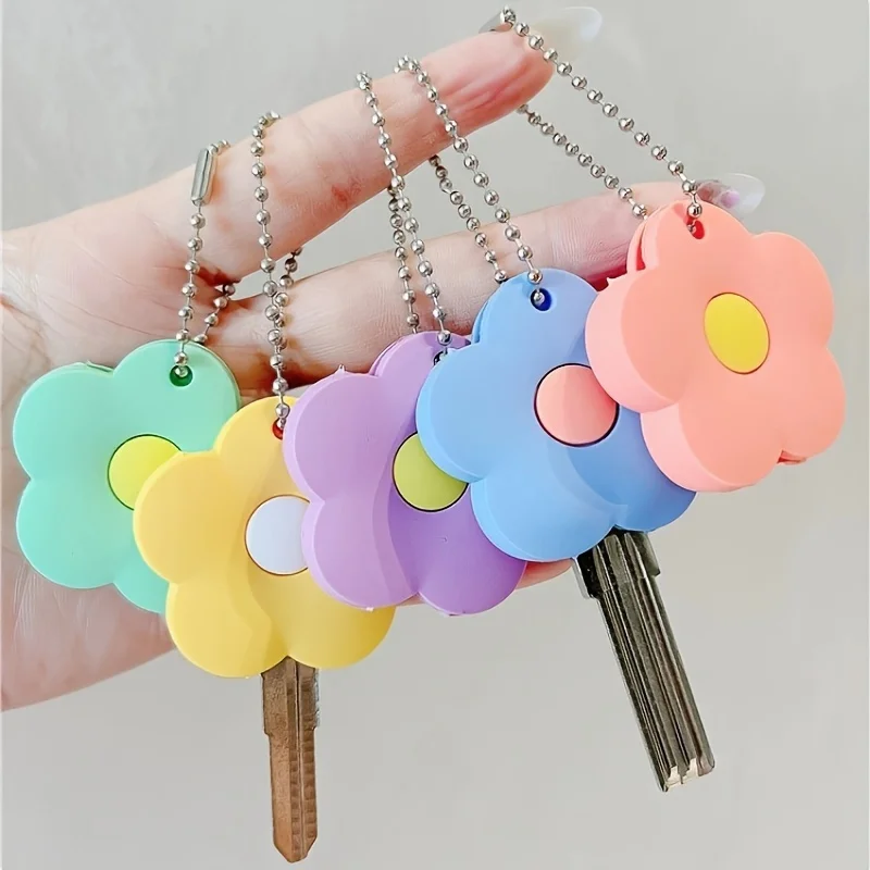 Cute Cartoon Flower Key Caps Set Flexible Key Covers Key Identifier Tag Covers for Easy Identifying Door Keyrings