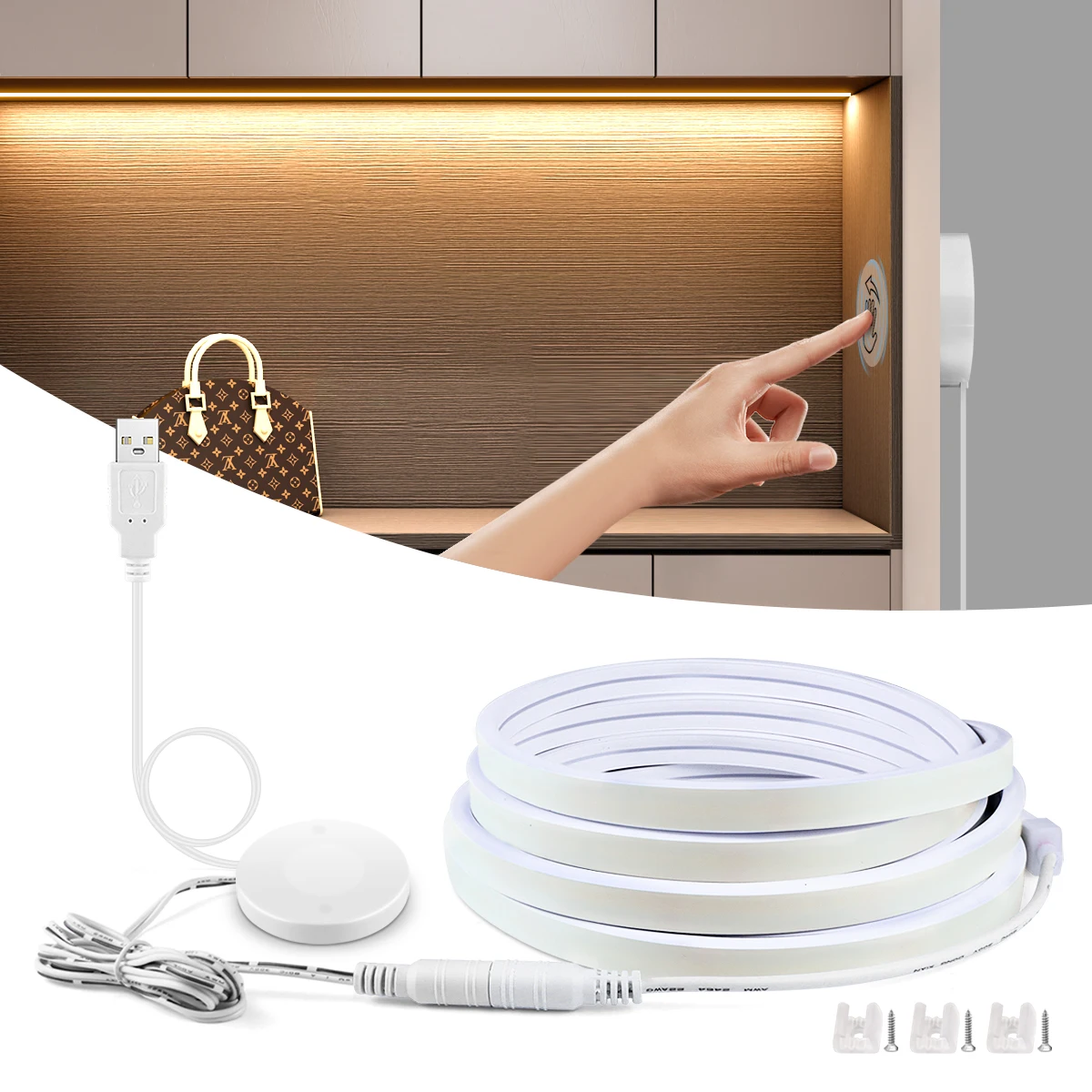 USB 5V Soft COB LED Neon Rope Light Strip Dimmable  With Penetrable Hand Scan Touch Sensor Switch For Room Kitchen Cabinet Lamps