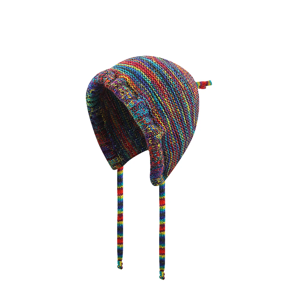 

Women's Knitted Hat Face Slimming Color Block Ear Protection Rainbow Stripes Tied Head Warm Cap Autumn Winter Fashion Accessory