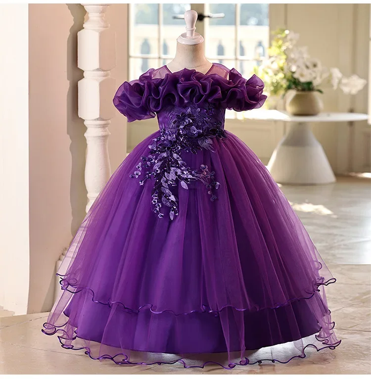 Elegant Girl Party Dress Flower Appliques Wedding Bridesmaid Mesh Graduation Evening Ball Gown for Kids Children 12 14Y