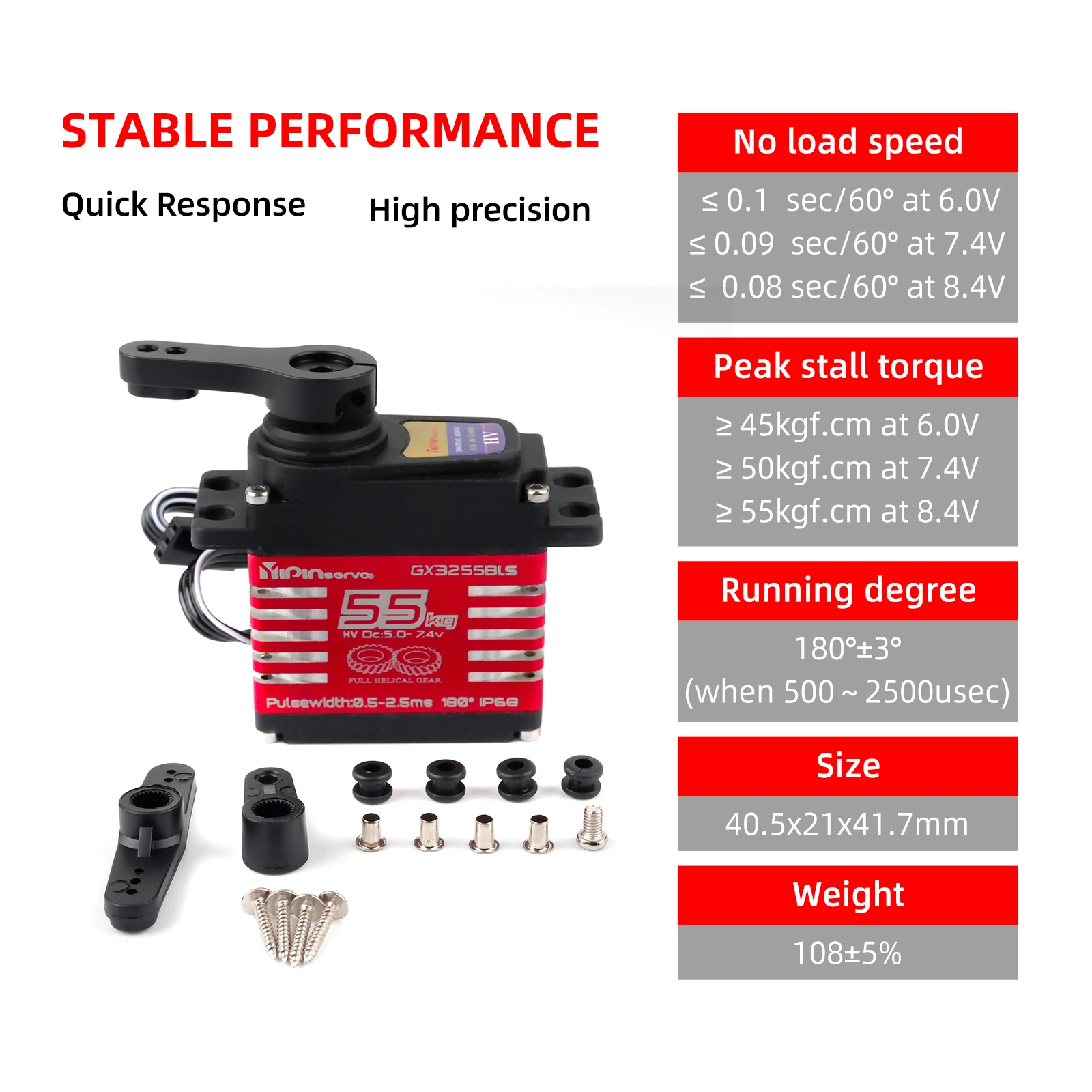 

55KG High Power Digital Servo Brushless 180/270/360/357° Multi-Angle 5.0-7.4V Metal Gear RC Red YP3255BLS