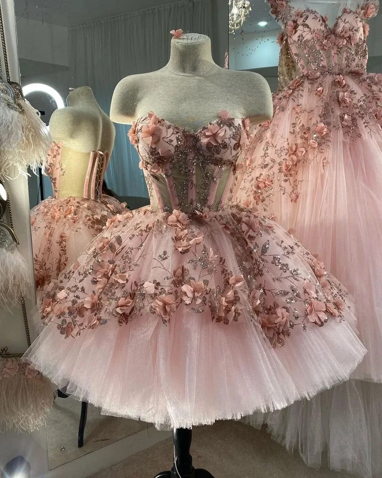 ANGELSBRIDEP Prinses Baljurk Korte Quinceanera Jurken Sweet 15-feest Optocht Kant Kristal Kralen Tule Ronde Hals Corset NIEUW