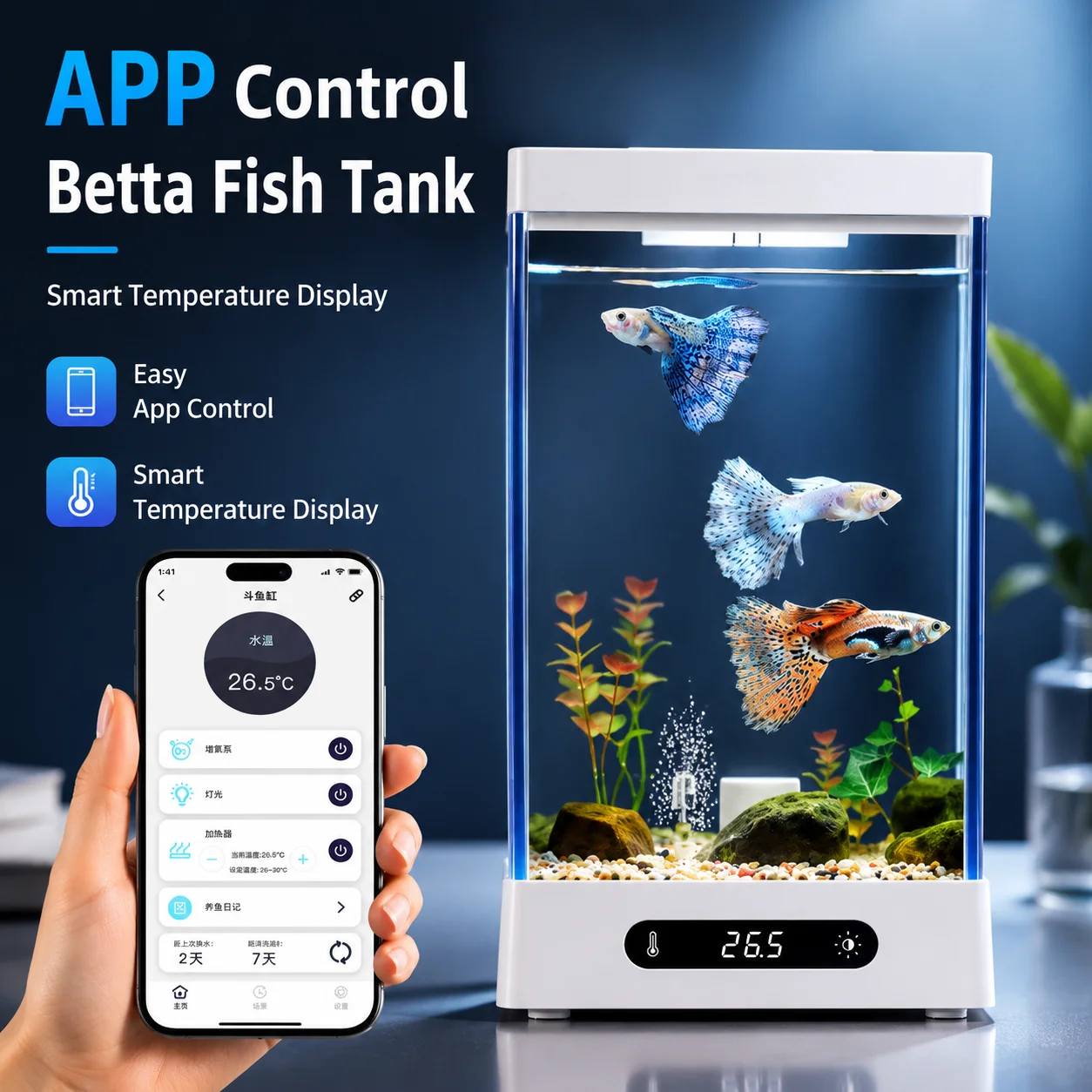 smart-betta-fish-tank-mini-aquarium-with-app-control-rgb-light-heater-temperature-display-desktop-fish-tank